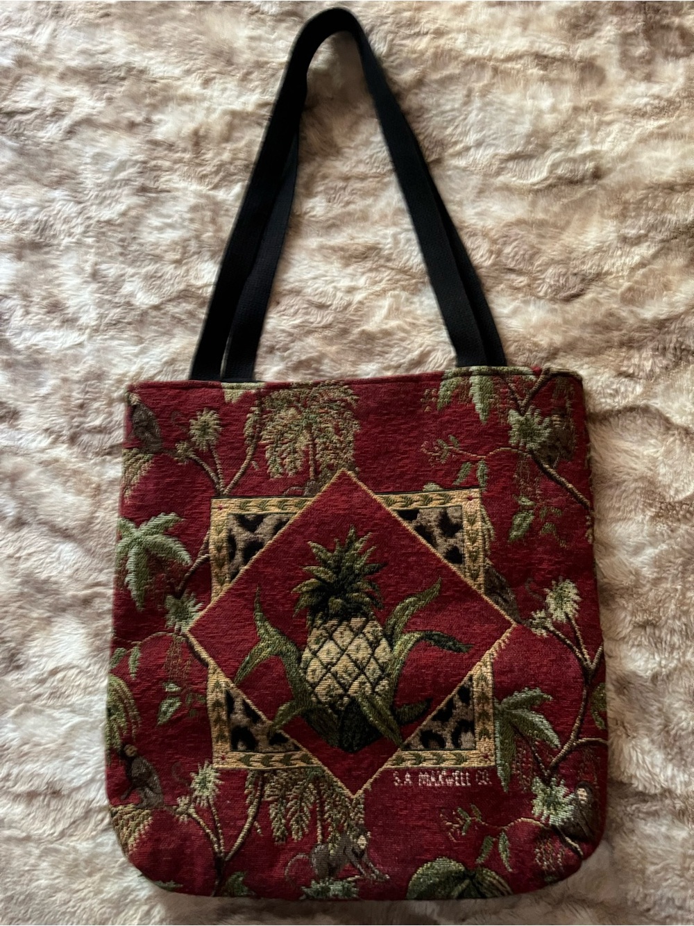 Vintage S.A. Maxwell Company Tapestry Tote Bag – Pineapple + Jungle Motif